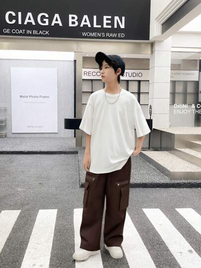 Loose Fit Casual Teen Trousers With Zipper Pockets, For Spring And Autumn