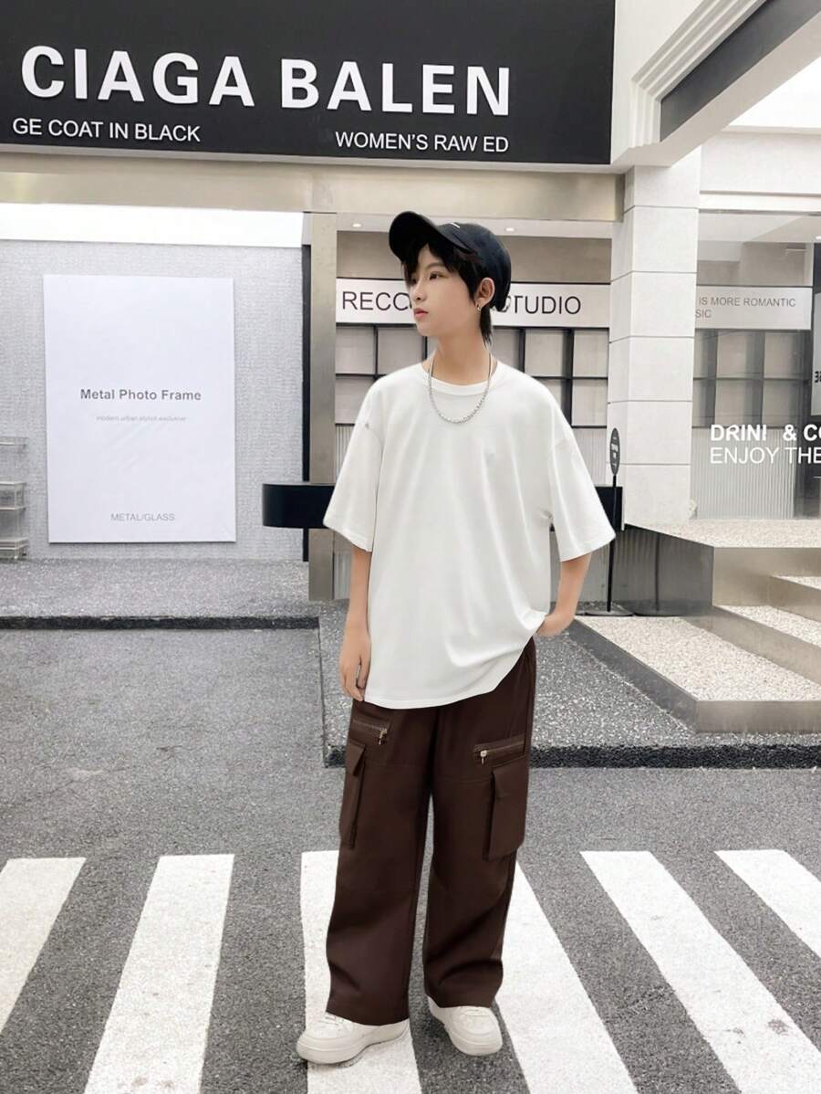 Loose Fit Casual Teen Trousers With Zipper Pockets, For Spring And Autumn - Brown - View 1