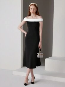 Poshira Women's Colorblock Simple Off-Shoulder Cocktail Party Dress
