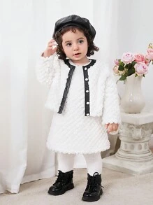 SHEIN 2 件套女婴拼色毛绒无袖连衣裙和夹克套装，秋冬 - 白色 - 查看 4