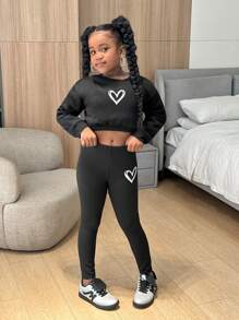 SHEIN Tween Girl 2 件套 Tween Girls 针织圆领运动衫和高弹力紧身裤套装 - 黑色 - 查看 4