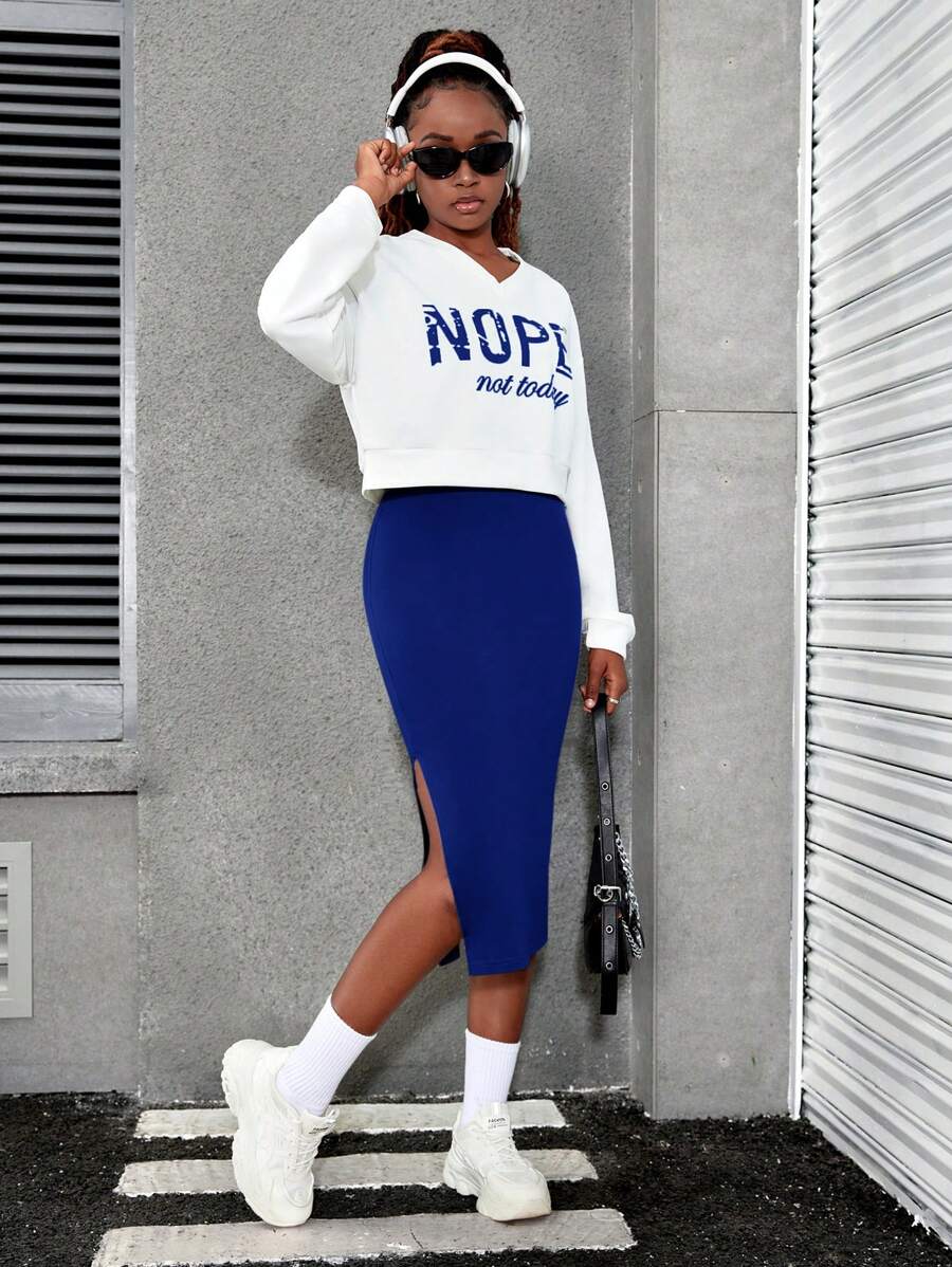 2 件套青少年女孩字母印花长袖 V 领运动衫和修身连衣裙套装 - 寶藍色 - 查看 1