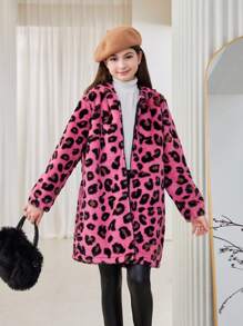 SHEIN Tween Girls Fuchsia Pink Hooded Fluffy Leopard Print Mid-Length Jacket