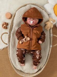 男婴/女婴 2 件套服装：棕色长袖熊印花上衣和裤子，秋冬 - 彩色 - 查看 1
