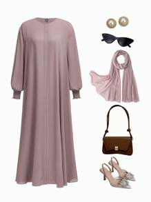 Al Najma 1 件女式休闲纯色长袖长袍，休闲朴素长袍，适合日常休闲/旅行/度假/休假 - 卡其色 - 查看 1