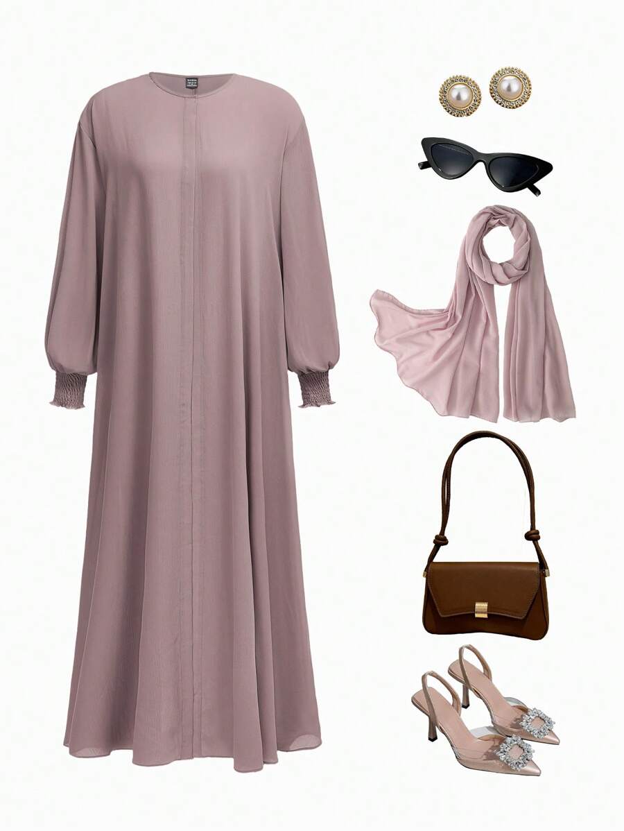 Al Najma 1 件女式休闲纯色长袖长袍，休闲朴素长袍，适合日常休闲/旅行/度假/休假 - 卡其色 - 查看 1