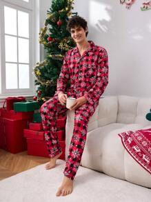 Men's Plaid Print Button-Up Long Sleeve Top And Pants Sleepwear Set - Black - View 1