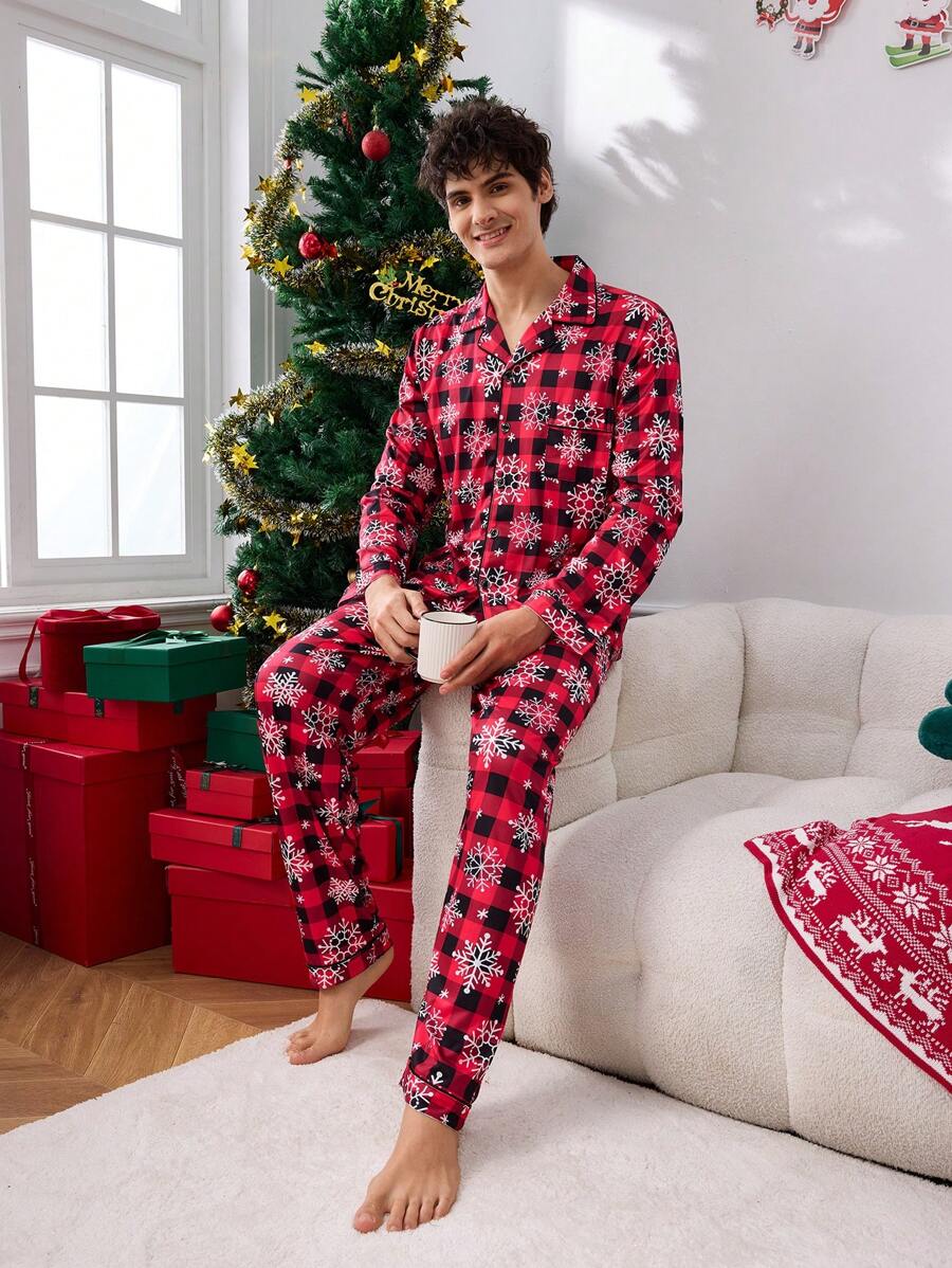 Men's Plaid Print Button-Up Long Sleeve Top And Pants Sleepwear Set - Black - View 1