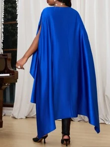 SHEIN Lady Blusa elegante de cuello de barco azul tejida de talla grande para primavera, verano, otoño e invierno con mangas divididas. Trajes elegantes de otoño y verano para curvas en azul real - Azul - Ver 2