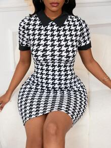 VaVaBold Đầm suông cổ bẻ họa tiết răng sói phối màu mùa hè thanh lịch cho nữ - Đen và trắng - Xem 5