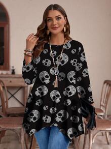 EMERY ROSE Áo thun nữ cổ tròn rộng tay 3/4 viền bất đối xứng cỡ lớn, mùa thu và đông - màu đen - Xem 5