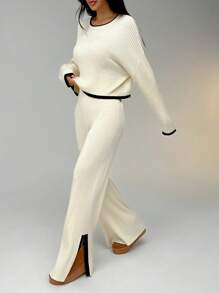 SHEIN EZwear 2pcs Women Casual Contrast Trim Sweater And Pants Set, Spring And Fall - Beige - View 4