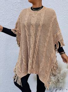 SHEIN LUNE Plus Size Women's Solid Color Fringe Trim Collar & Cuff Pullover Sweater, Autumn/Winter - Khaki - View 6