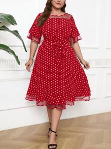 SHEIN Clasi Plus Size Women's Summer Polka Dot Print Mesh Splice Crew Neck Half Sleeve Elegant Dress - Red - View 1