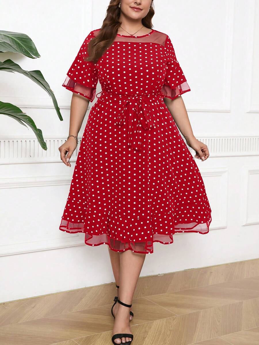 SHEIN Clasi Plus Size Women's Summer Polka Dot Print Mesh Splice Crew Neck Half Sleeve Elegant Dress - Red - View 1
