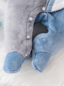 SHEIN 婴儿男孩灰蓝色可爱恐龙刺绣羊毛长袖连帽连体衣 - 彩色 - 查看 4