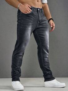 Manfinity Homme Men's Straight Loose Casual Versatile Denim Jeans With Pockets - Grey - View 3