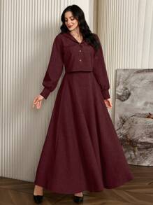 Mulvari Burgundy Red 2pcs Women's Solid Color Flare Hem Dress And Lantern Sleeve Hooded Jacket Set 2 Pieces Set Fall Cloth For Women - Burgundy - View 8