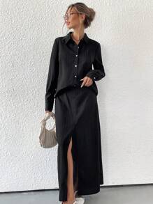 Aveloria Modichic French Elegant Versatile Textured Fabric Simple Shirt And Long Skirt 2-Piece Set, Autumn Fall Cloth For Women - Black - View 3