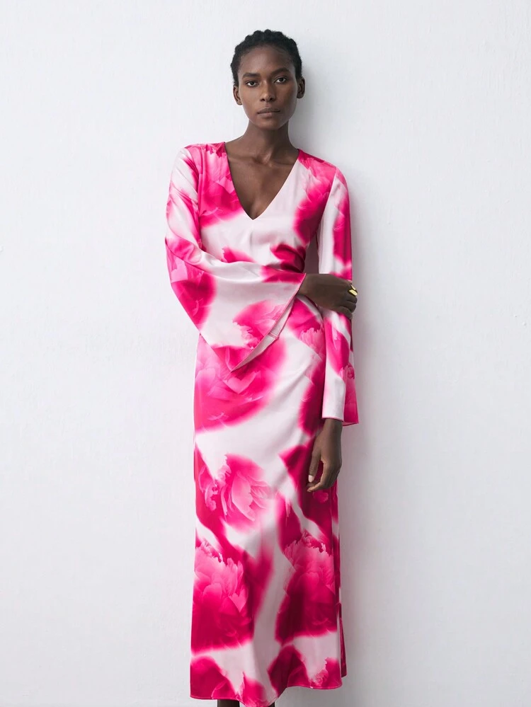 SHEIN Maija Women Floral Print V-Neck Long Sleeve Dress, Autumn