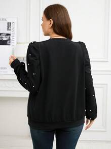 SHEIN Clasi 优雅珍珠缀饰长款羊腿袖圆领大码女式运动衫，秋冬款 - 黑色 - 查看 2