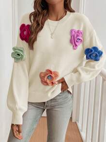 Chiquease 时尚3D立体花卉装饰圆领宽松毛衣，返校季百搭女士针织套头衫，秋冬季 - 米色 - 查看 5