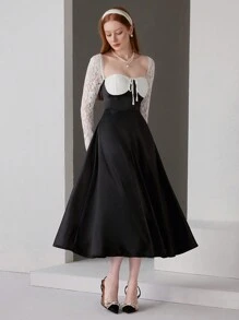 SHEIN Belle 女式撞色蕾丝拼布舞会礼服 - 黑與白 - 查看 3