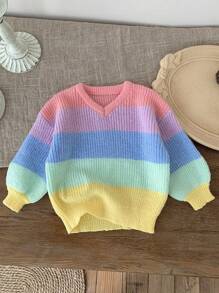 LMoss Kids Suéter casual relajado con cuello en V y degradado para niña joven en otoño/invierno - Multicolor - Ver 1