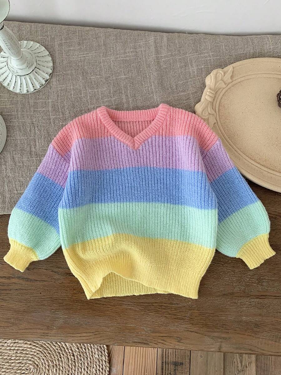 LMoss Kids Suéter casual relajado con cuello en V y degradado para niña joven en otoño/invierno - Multicolor - Ver 1