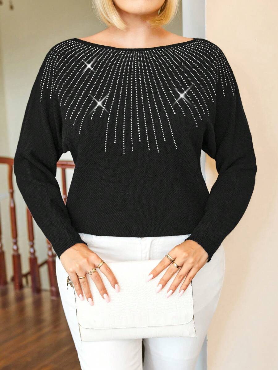 Plus Size Women Brick Print Black Pullover Sweater, Christmas - Black - View 1