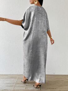 SHEIN Lady 四季/婚礼嘉宾/服装/舞会礼服/金色裙子/晚宴服装/金色女士缎面提花前开衩连衣裙，休闲派对优雅 - 銀色 - 查看 2