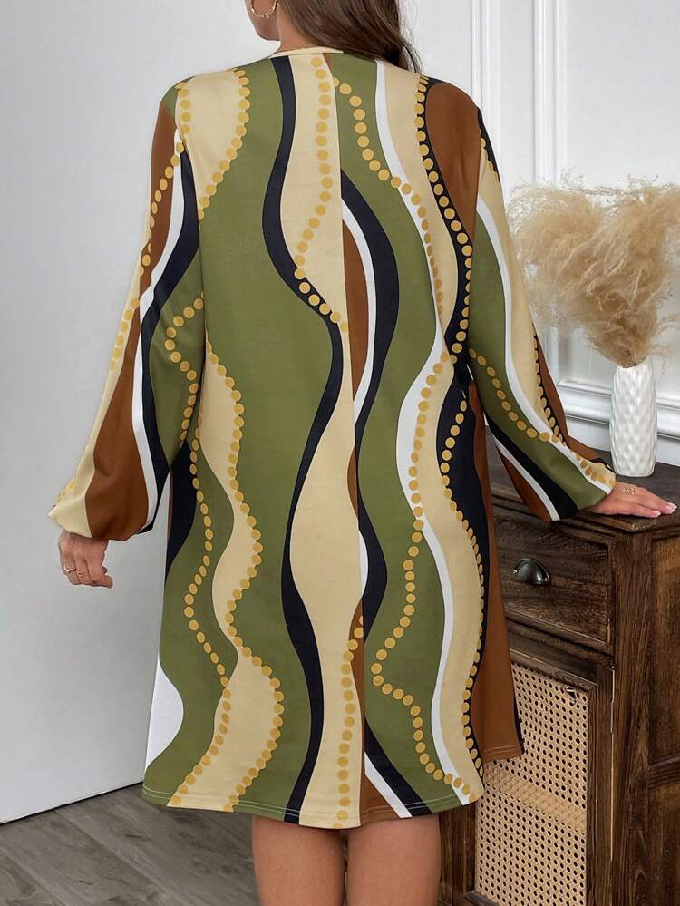 Plus Size Women Wavy Striped Round Neck Lantern Sleeve Loose Straight Casual Dress Winter Dress