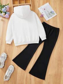 SHEIN Tween Girls Streetwear Casual Knit Hooded Sweatshirt Set - Black and White - View 6