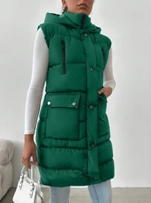EURMUSE Women's Solid Color Front Zipper Sleeveless Casual Padded Coat - Green - View 7