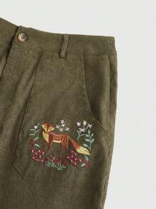 ROMWE Fairycore 女款 Fox Cottagecore 刺绣宽腿宽松休闲裤 - 軍綠色 - 查看 2