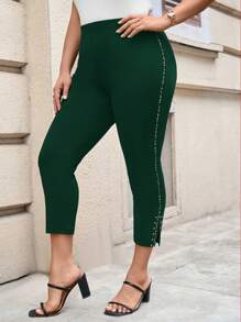 SHEIN Clasi Plus Size Summer Skinny Pants With Side Rhinestone Trim And Ankle Slit, Office Formal