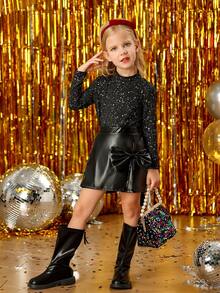 SHEIN Bộ 2 áo phông kim loại thanh lịch cho bé gái + quần short PU nơ lớn, thích hợp cho các buổi đi chơi thường ngày, tiệc tùng, mùa thu/đông - màu đen - Xem 3