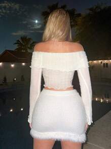 Sweetina Foldover Off Shoulder Lettuce Trim Slim Fit Crop Sweater - White - View 2