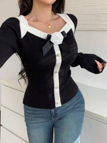 Modelyn Áo len dệt kim dài tay trang trí hoa 3D thanh lịch dành cho nữ, mùa thu/đông - màu đen - Xem 2