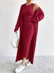 SHEIN EZwear Bộ 2 món váy đỏ cho nữ + áo len cardigan dài - Màu Hoa hồng đỏ - Xem 6