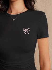 Poéselle Women Round Neck Short Sleeve Bow Embroidery Casual T-Shirt - Black - View 3