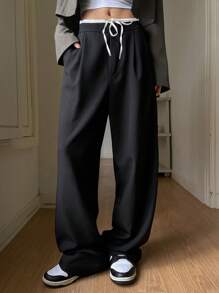DAZY 女式阔腿系带腰休闲正装裤 - 黑色 - 查看 4