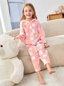 SHEIN Young Girls' Cloud & Star/Moon Pattern Long Sleeve Hooded Fuzzy Jumpsuit With Zipper Front, Comfortable For Fall/Winter