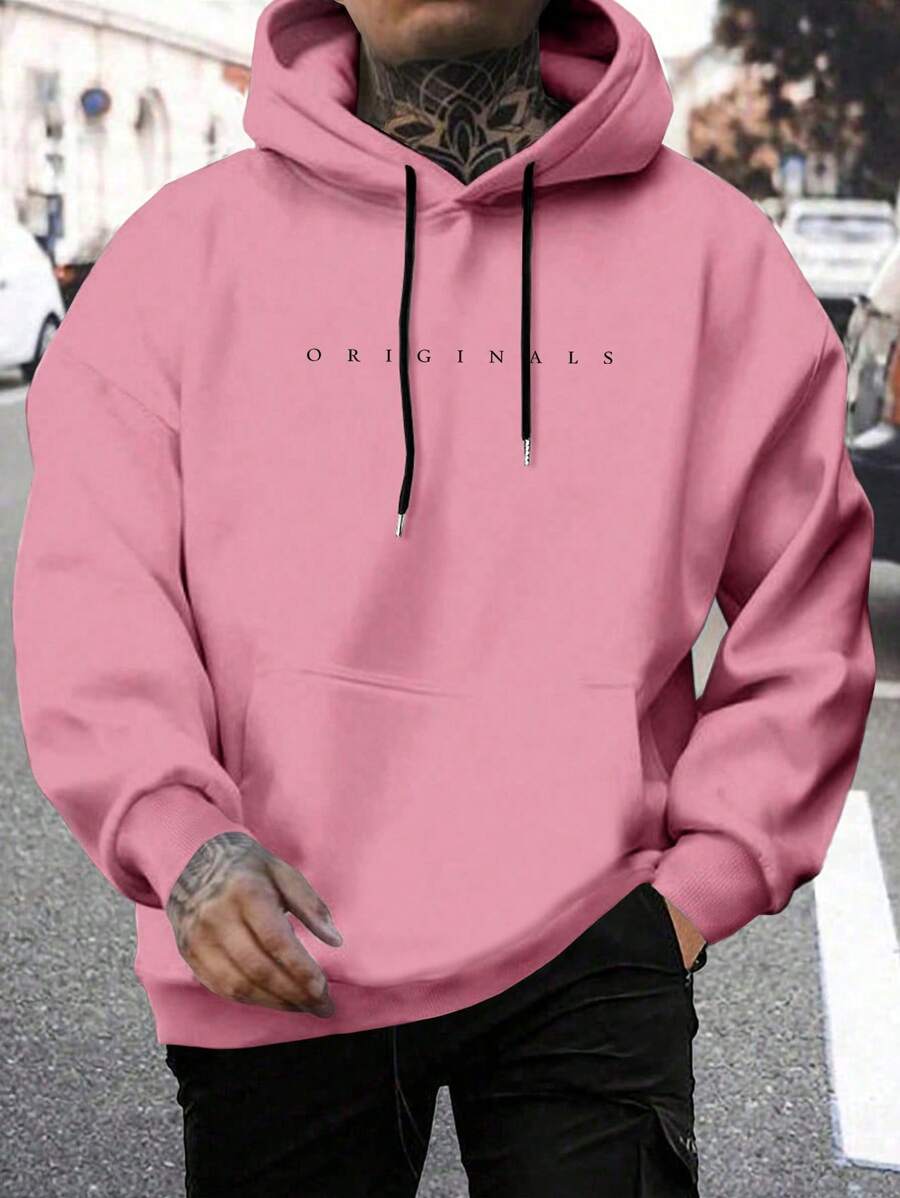 Manfinity Homme Men's Casual Simple Letter Print Pocket Hoodie, For Fall, Long Sleeve Top - Pink - View 1