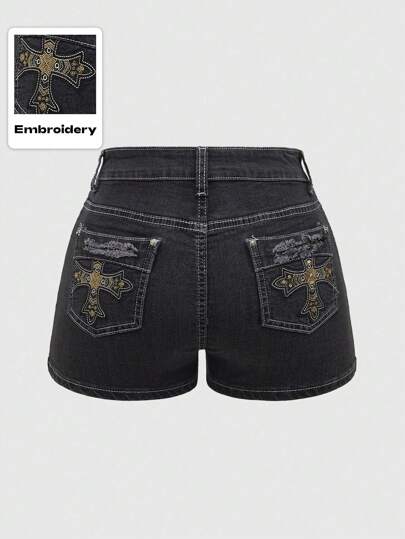Grunge Punk Plus Size Summer Casual Sparkling Cross Embroidery Denim Shorts, School