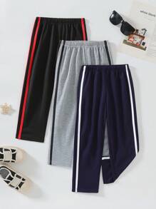 SHEIN 3 件套年轻男孩休闲复古简约双条纹织带拼布口袋运动裤街头潮流裤子 - 彩色 - 查看 3