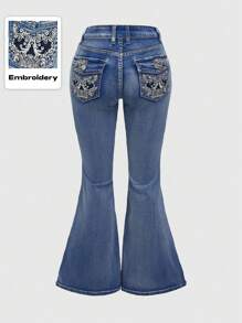 ROMWE Grunge Punk Spring/Summer Women's Plus Size Punk Style Skull Embroidered Fitted Flared Jeans - Blue - View 1