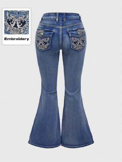 ROMWE Grunge Punk Pantalones vaqueros de talla grande con estilo punk, ajustados y acampanados, con bordado de calavera para mujeres