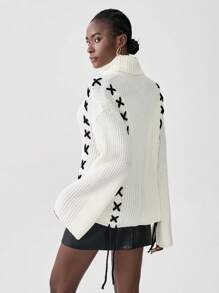 SHEIN Unity Women's Autumn/Winter High Neck Dropped Shoulder Long Sleeve Drawstring Knitted Sweater, Fall - Beige - View 2