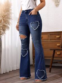 SHEIN LUNE 女式休闲破洞心形喇叭牛仔裤 - 深色水洗藍 - 查看 6